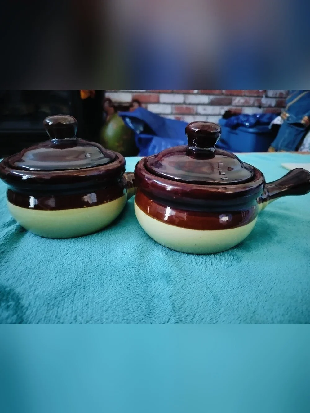 Vintage Brown & Cream Ceramic Crocks Lids Set of 2 French Onion Soup Bowls 4.75
